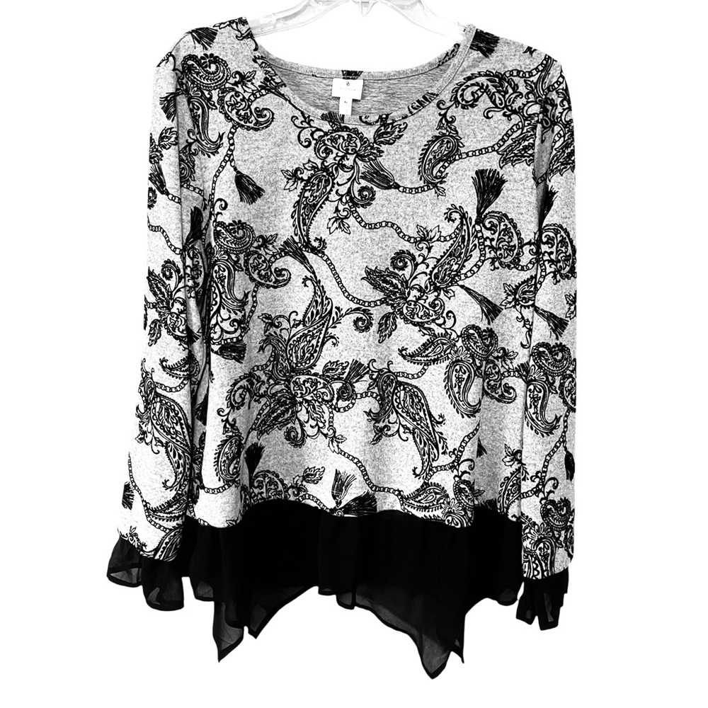 Dressbarn Black and Gray Paisley Sweater Feel Blouse